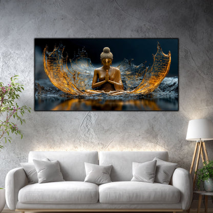 Tablou Living Elegant Mantra dintre Aripi de Aur, prezentat deasupra unei canapele albe într-un living contemporan luminos.