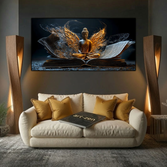 Tablou living elegant Mantra dintre Aripi de Aur, prezentat deasupra unei canapele crem, între corpuri de iluminat din lemn.