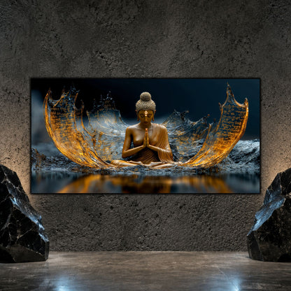 Tablou Living Elegant Mantra dintre Aripi de Aur, cu siluetă meditativă și aripi fragmentate, expus pe un perete mineral întunecat.
