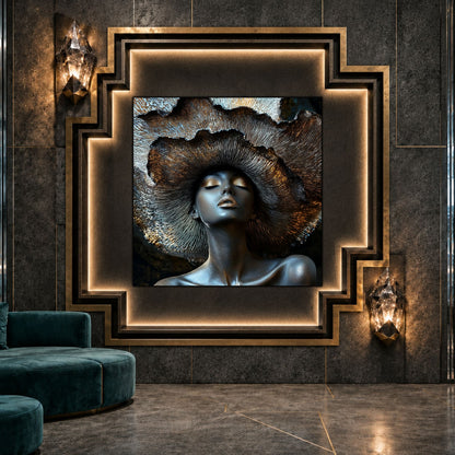 Tablou pentru living, printat pe sticla, in format patrat de mari dimensiuni, cu portretul unei femei meditative cu texturi de carbune si culori argintii.