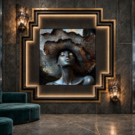 Tablou pentru living, printat pe sticla, in format patrat de mari dimensiuni, cu portretul unei femei meditative cu texturi de carbune si culori argintii.