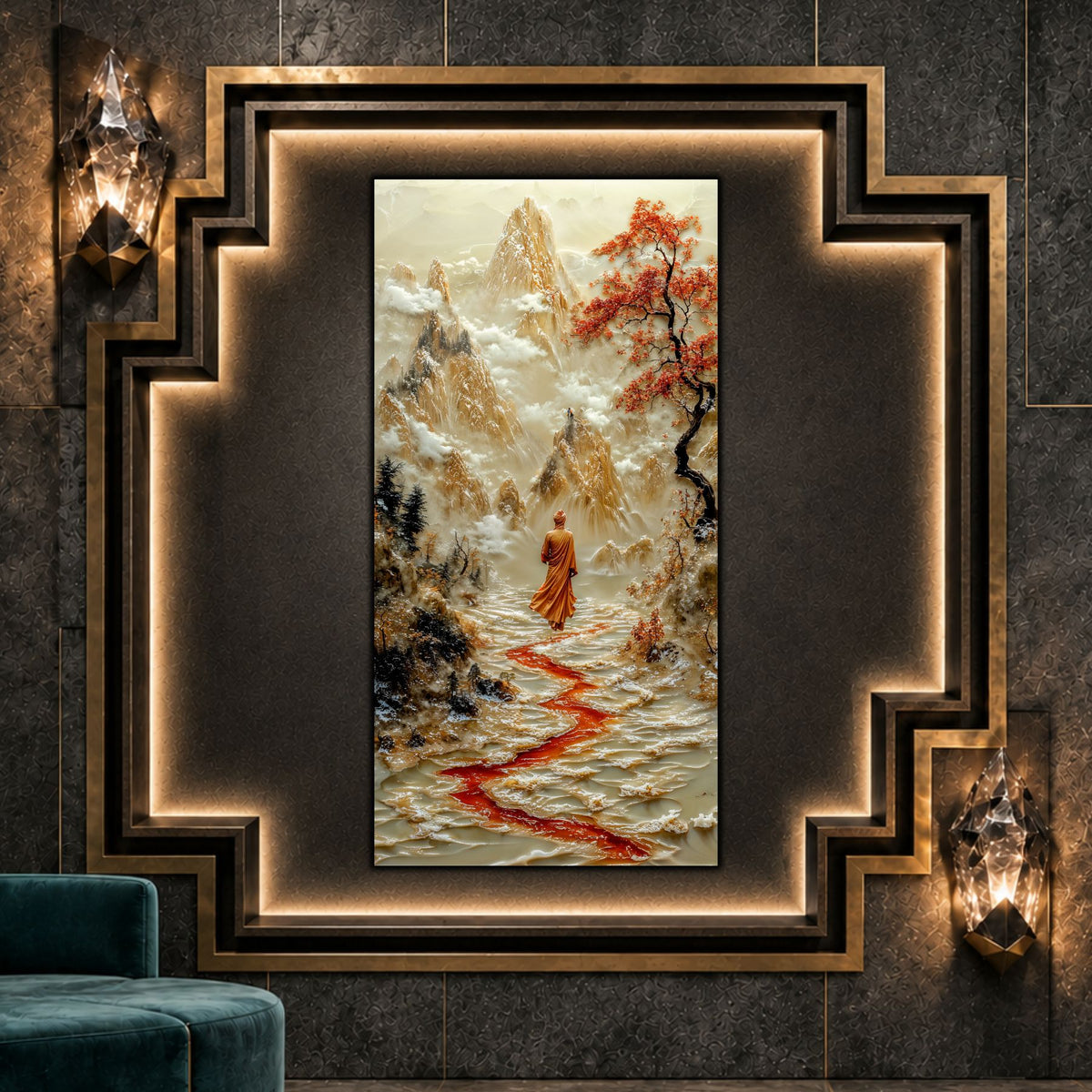 Tablou Living Elegant vertical cu un pelerin, drum roșu și munți aurii, expus într-o nișă decorativă iluminată