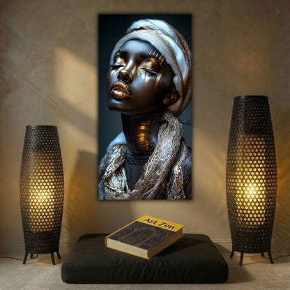 Tablou Living Elegant The Golden Breath, portret vertical cu ochii închiși și reflexe aurii, expus într-un colț meditativ între două lămpi ambientale.
Nume fișier mockup 2