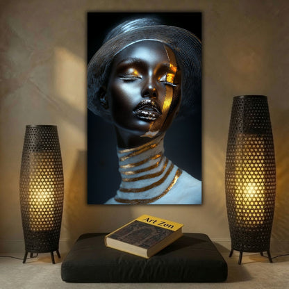 Tablou Living Elegant The Golden Meridian, portret vertical negru cu linie aurie și cercuri alb-aurii, expus între două lămpi într-un ambient meditativ.