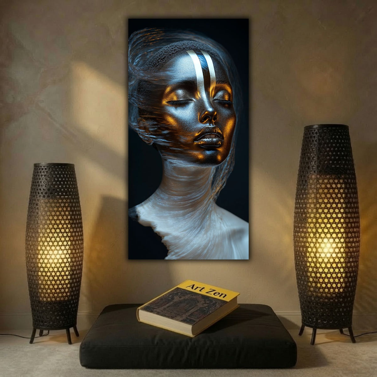 Tablou Living Elegant The Quiet Sovereign, portret sculptural cu ochii închiși și lumină aurie, prezentat într-un colț de relaxare între două corpuri de iluminat ambientale.