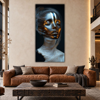 Tablou Living Elegant The Quiet Sovereign, portret vertical negru cu accente albe și aurii, expus deasupra unei canapele din piele coniac într-un living modern.