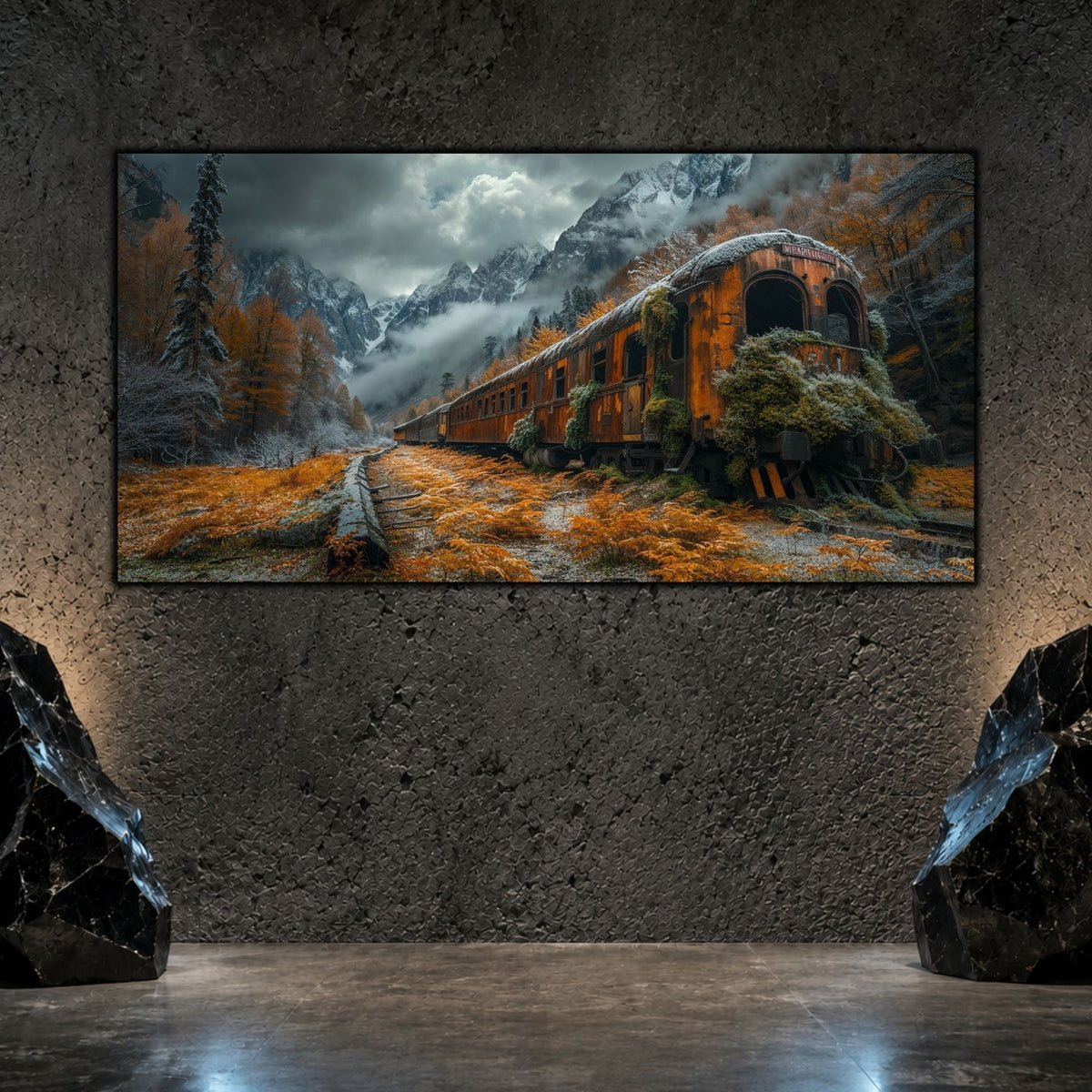 Tablou living elegant „Rusted Arrival” cu un tren parasit si macinat de rugina, inconjurat de iarba atinsa de culoeile toamnei, cu ceata deasupra, albastra si rece.