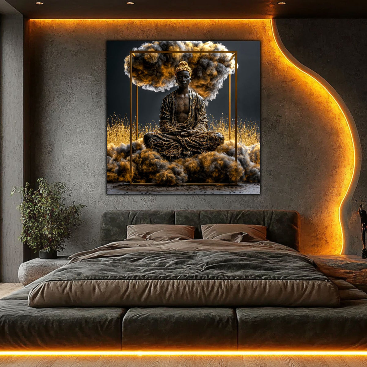 Tablou pe sticlă Epicentrul – imprimare UV ultra-clară, intr-un dormtor modern cu lumina incantaoare led