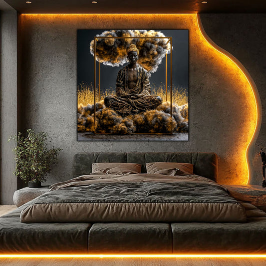 Tablou pe sticlă Epicentrul – imprimare UV ultra-clară, intr-un dormtor modern cu lumina incantaoare led