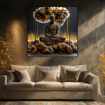 Tablou decorativ Epicentrul pe perete în living minimalist in culori inchise, intre doua ghivece ornamentale