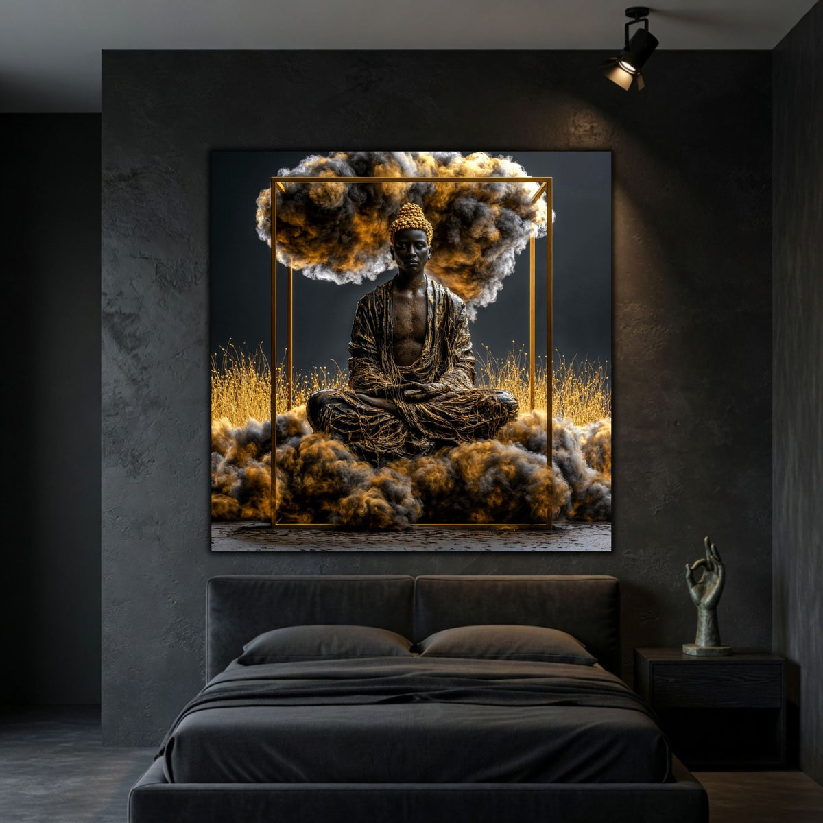 Tablou living Epicentrul – colecția Still Becoming – sticlă ultra-clară 4mm, intr-un dormitor minimalist in cuori inhise si atmosfera meditativa