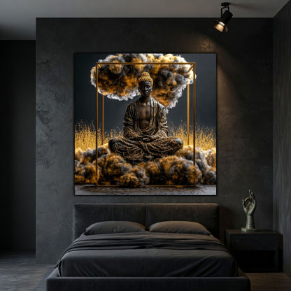 Tablou living Epicentrul – colecția Still Becoming – sticlă ultra-clară 4mm, intr-un dormitor minimalist in cuori inhise si atmosfera meditativa