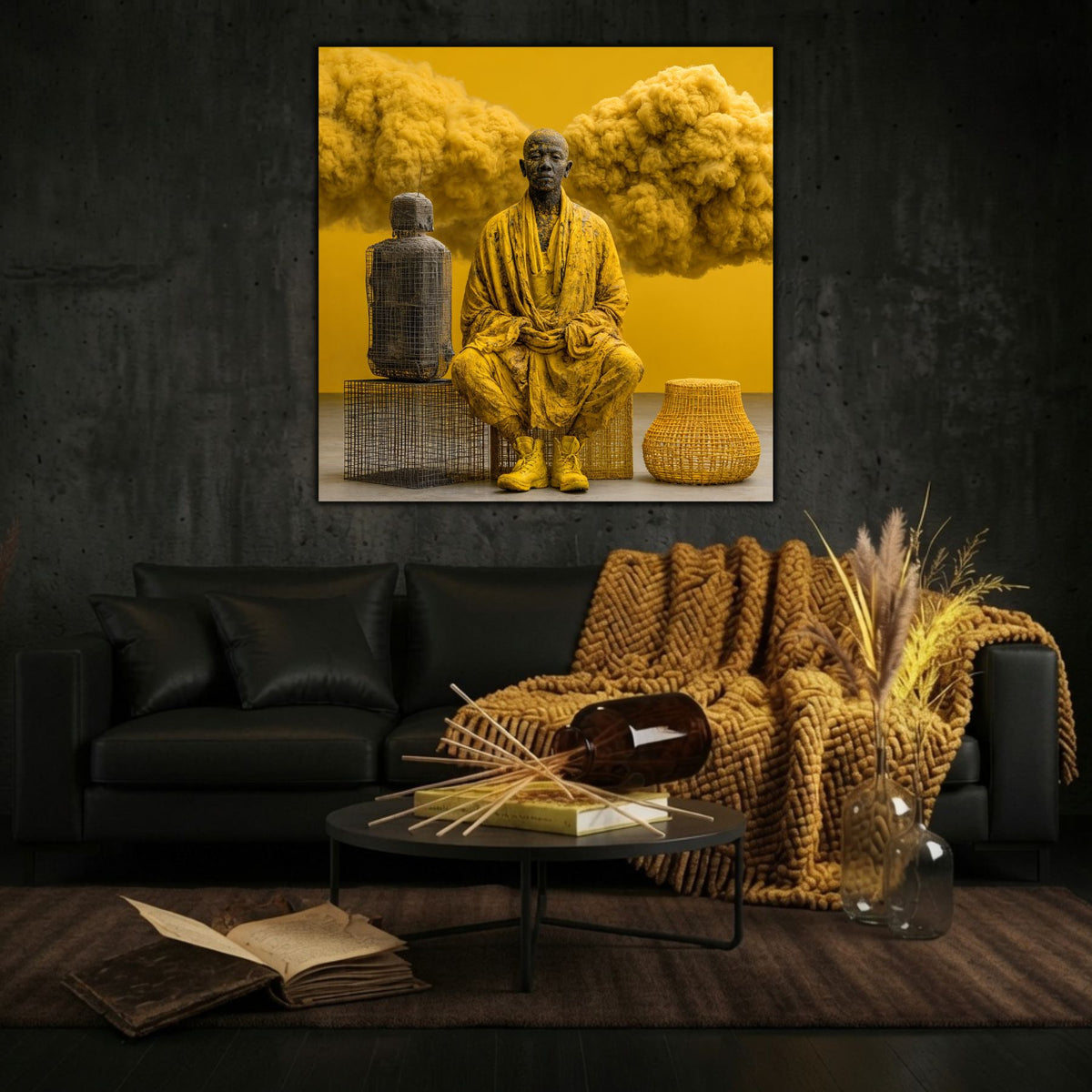 Tablou living modern si abstract print uv pe sticla, deasupra unei canapele cu patura gabena
