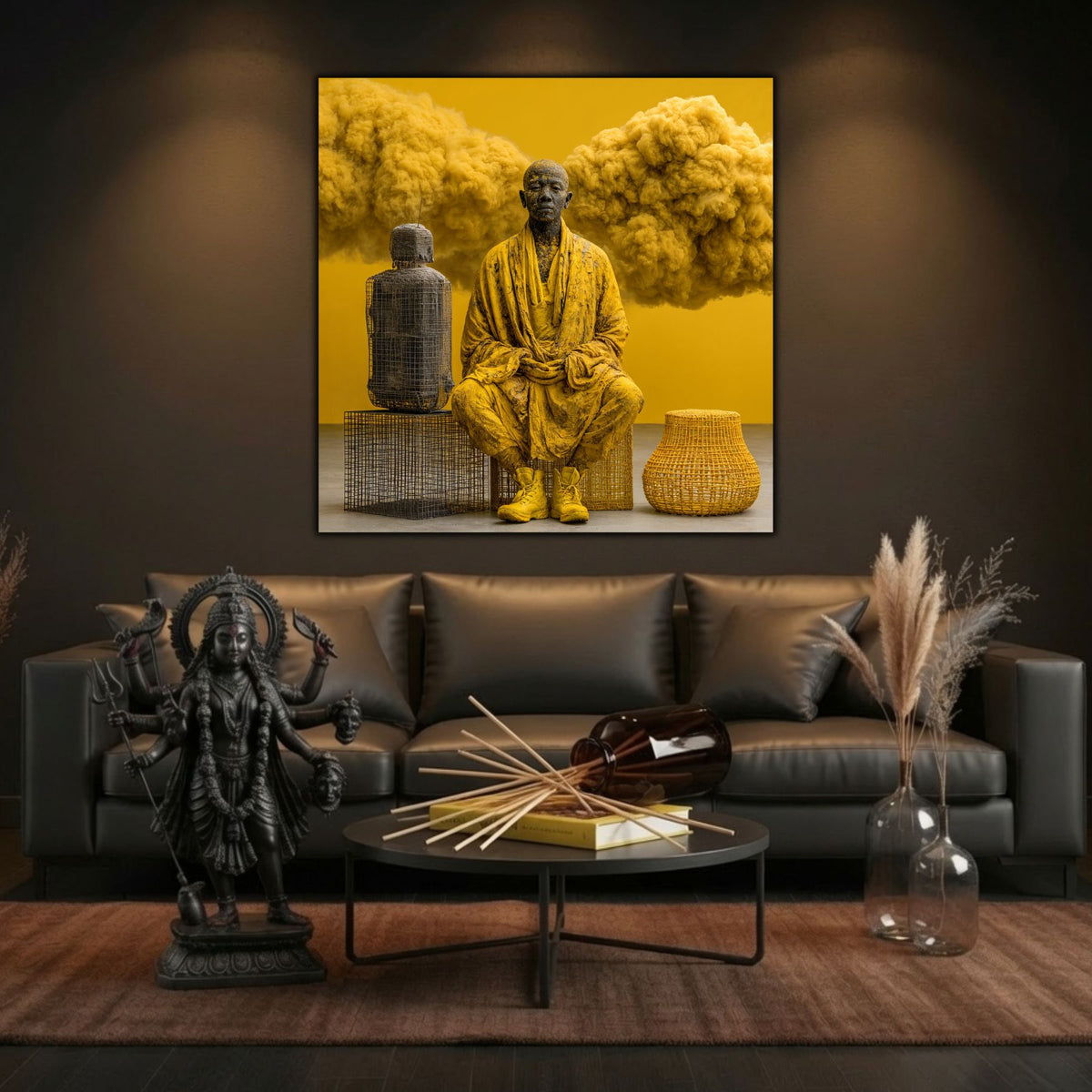 Tablou pe sticlă ultra-clară Lângă Umbra Mea, intr-un living cu statueta Kali  si betisoare parfumate
