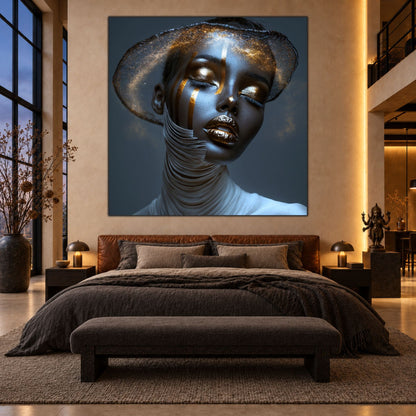 Tablou Halo of Stillness cu portret feminin, benzi argintii pe chip și inele la gât, pe perete crem, deasupra unei canapele din piele coniac.