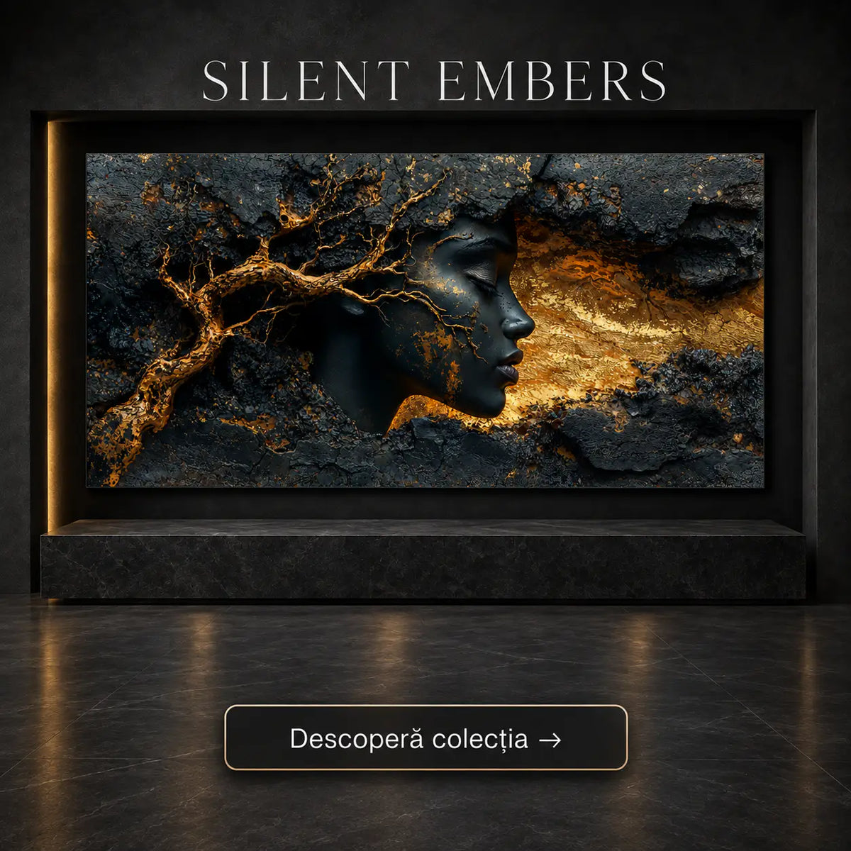 Tablou living minimalist din cărbune texturat și rădăcini de aur – Colecția Silent Embers Art Zen