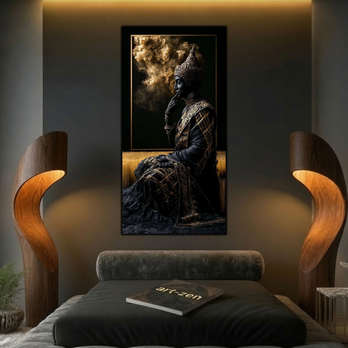 Tablou de artă zen din sticlă, element central de decor integrat armonios pe un perete dedicat meditației.