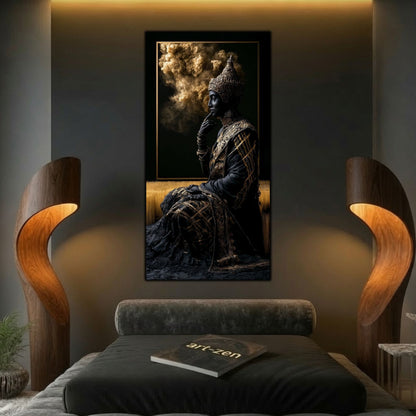 Tablou de artă zen din sticlă, element central de decor integrat armonios pe un perete dedicat meditației.