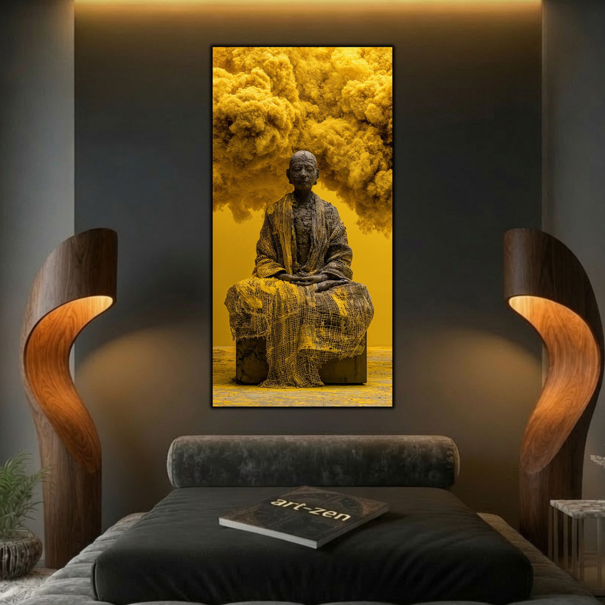 Integrare tablou într-un decor interior modern, estetică zen cu iluminare ambientală reflexivă.