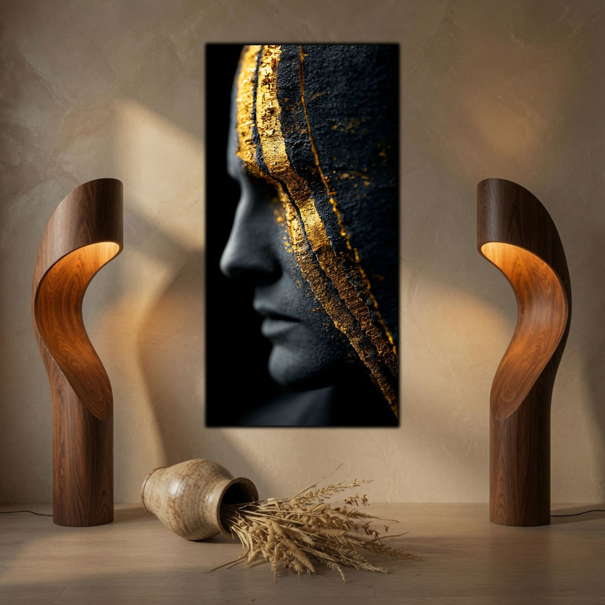 Integrare tablou într-un decor interior modern, estetică zen cu iluminare ambientală reflexivă.