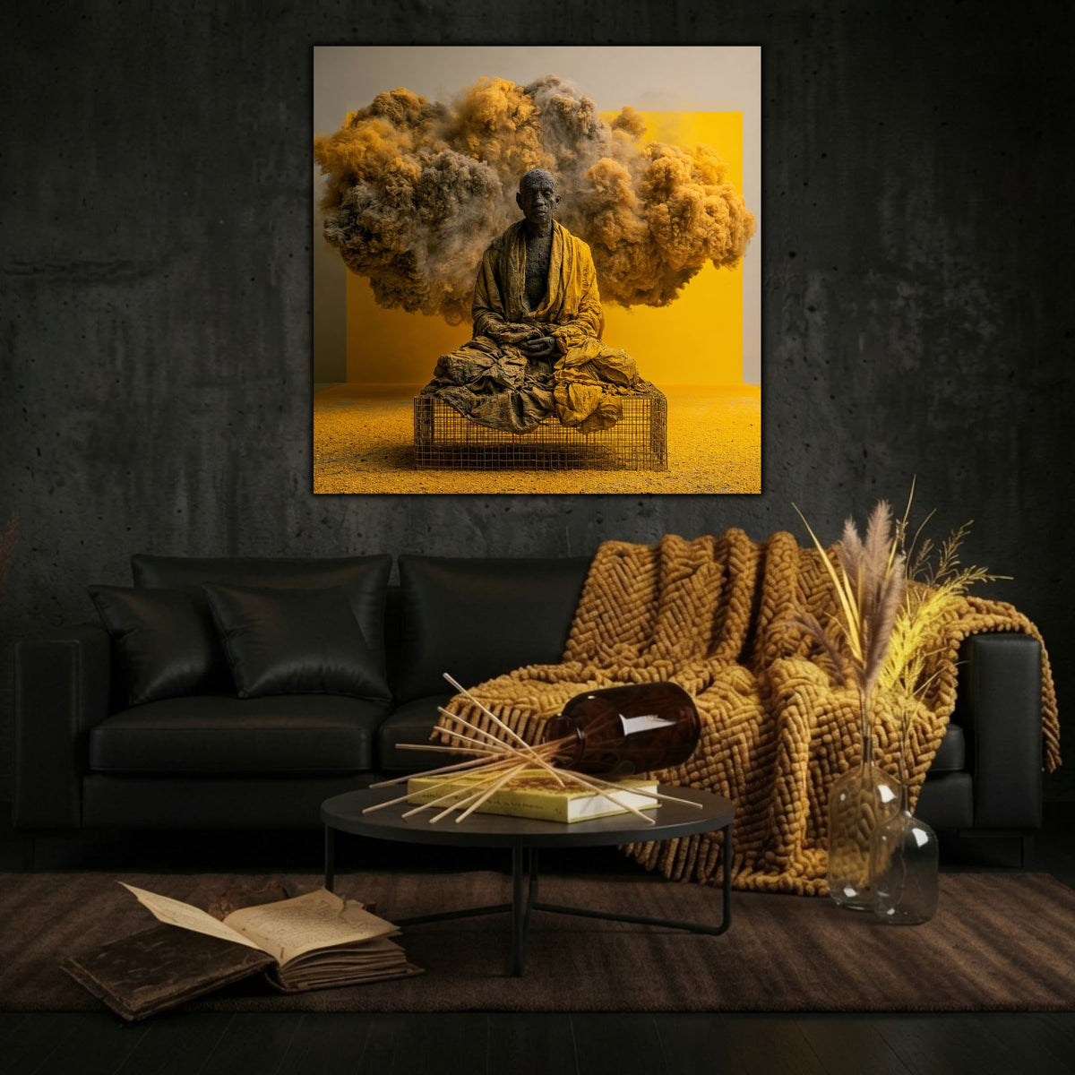 Tablou modern pentru living, călugăr meditând eliberat de constrângeri, imprimat pe sticlă securizată 4mm.