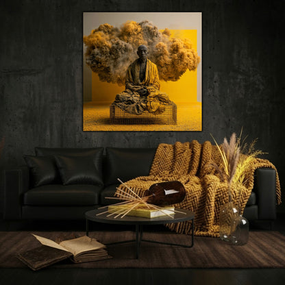 Tablou modern pentru living, călugăr meditând eliberat de constrângeri, imprimat pe sticlă securizată 4mm.