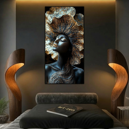 Tablou pentru living modern, in format portret, cu o prezenta feminina meditatia, in culori inchise, aurii si gold, deasupra unui pat.