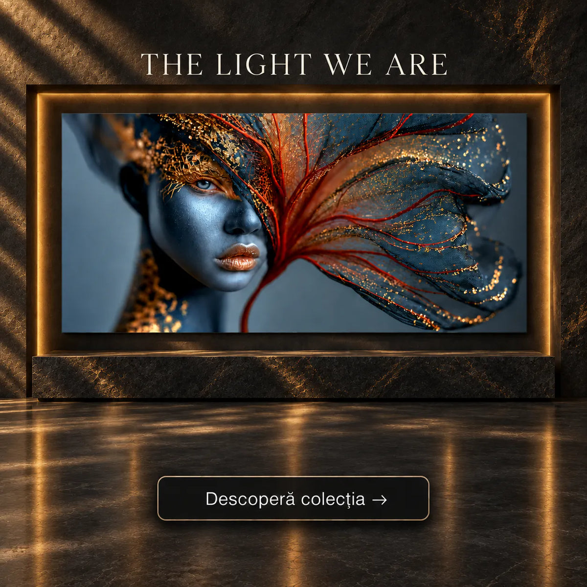 Tablou living modern cu portret sculptural feminin învăluit în voal organic cu nervuri rubinii și pulbere de aur – Colecția The Light We Are Art Zen