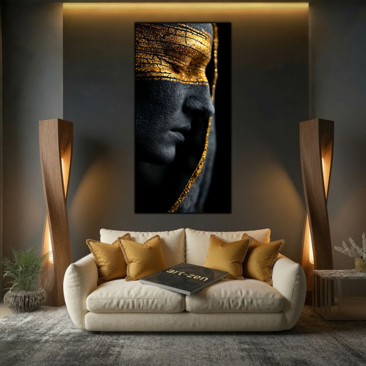 Integrare tablou într-un decor interior modern, estetică zen-luxury și iluminare ambientală contrastantă.