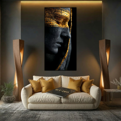 Integrare tablou într-un decor interior modern, estetică zen-luxury și iluminare ambientală contrastantă.
