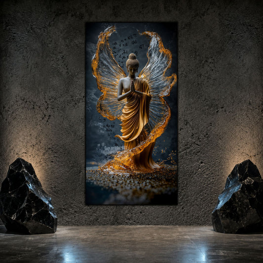 Tablou living modern cu siluetă meditativă în veșmânt auriu și aripi argintii, pe perete gri texturat, între două obiecte decorative negre fațetate.