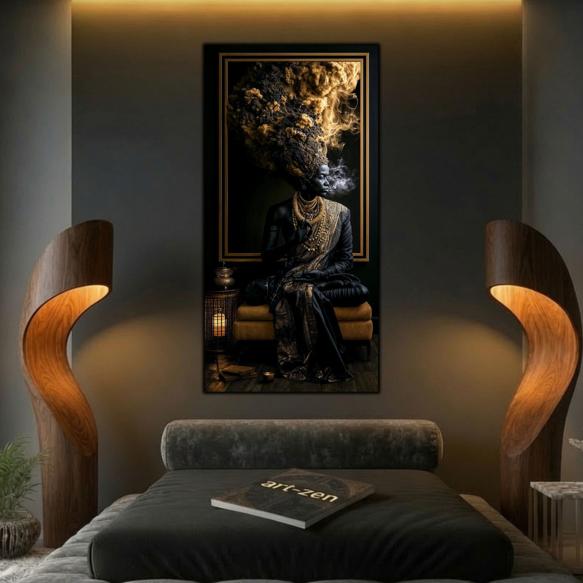 Tablou de artă zen din sticlă, element central de decor integrat elegant pe peretele unei sufragerii.