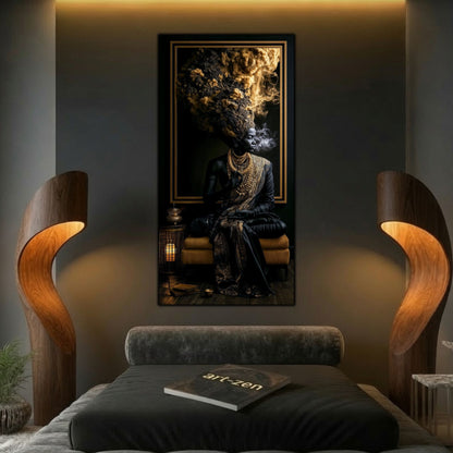 Tablou de artă zen din sticlă, element central de decor integrat elegant pe peretele unei sufragerii.