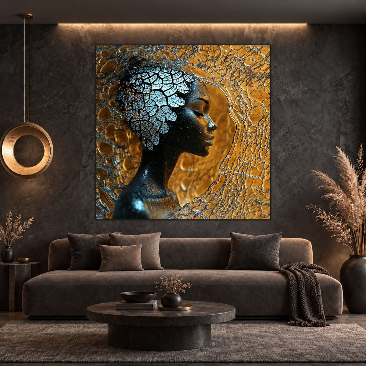 Tablou modern pentru living Woven Within, cu profil feminin și forme miceliene argintii pe fond auriu, deasupra unei canapele taupe.