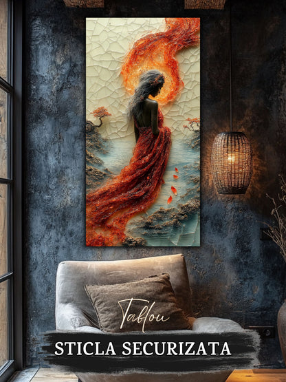 Broken Light: tablou pentru sufragerie eleganta, cu lumina care sparge tabloul, in nuante vibrante de rosu, si un portret feminin care se destrama, print UV.