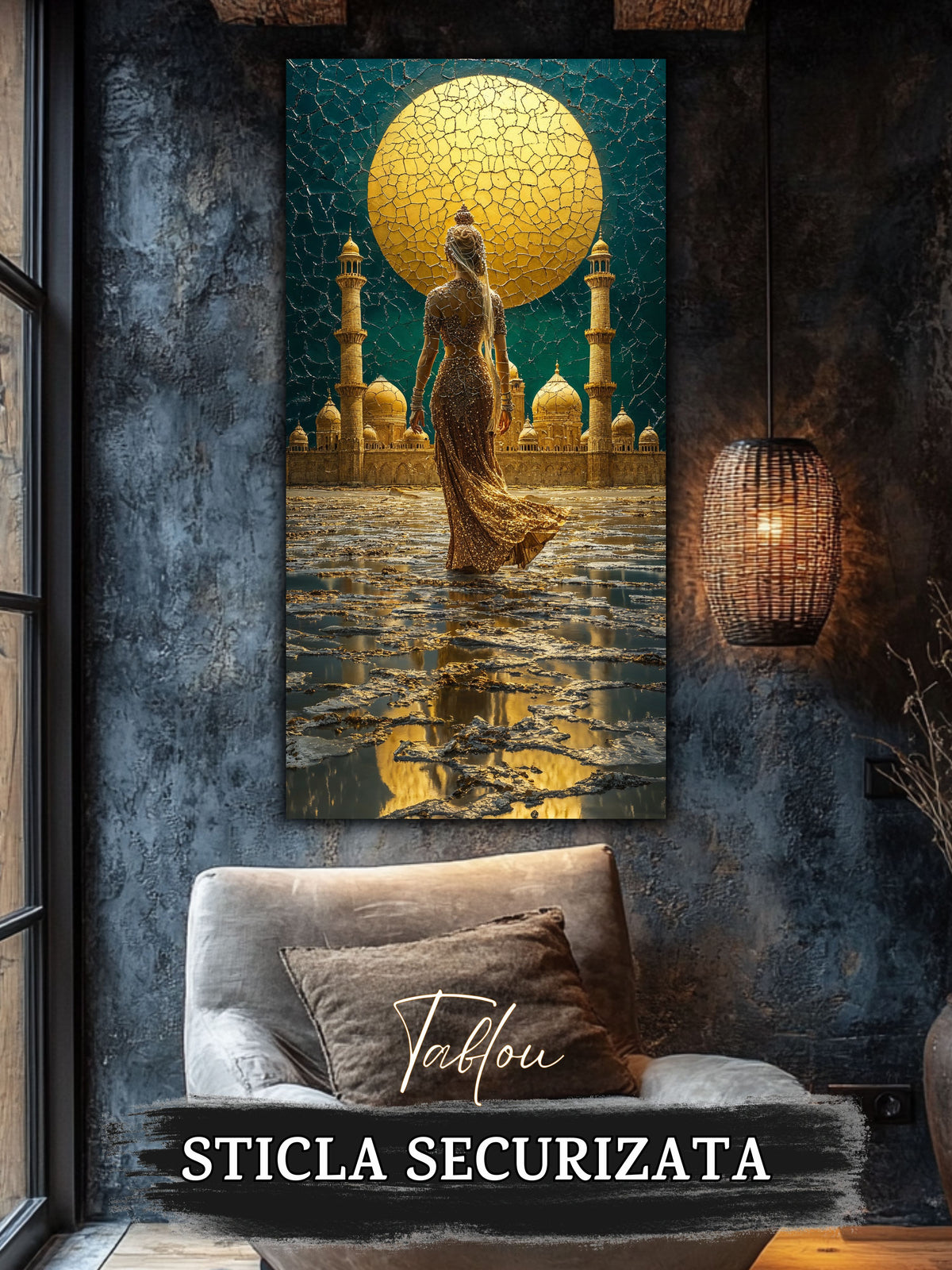 tablou living pe sticlă Templul Interior – living modern cu canapea gri și accente galbene
