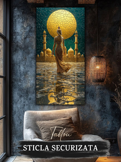 tablou living pe sticlă Templul Interior – living modern cu canapea gri și accente galbene