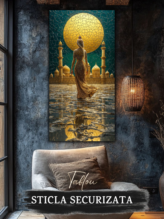 tablou living pe sticlă Templul Interior – living modern cu canapea gri și accente galbene