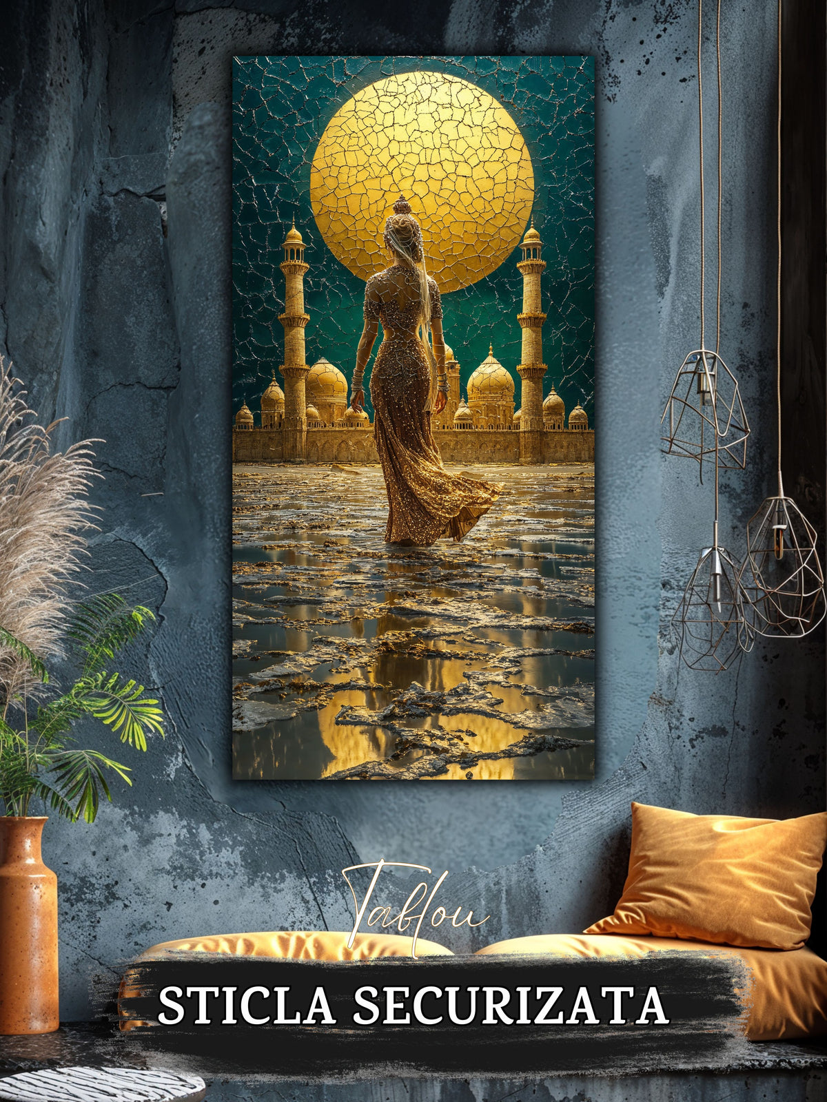 tablou living pe sticlă Templul Interior – living industrial teal cu pernă ocru