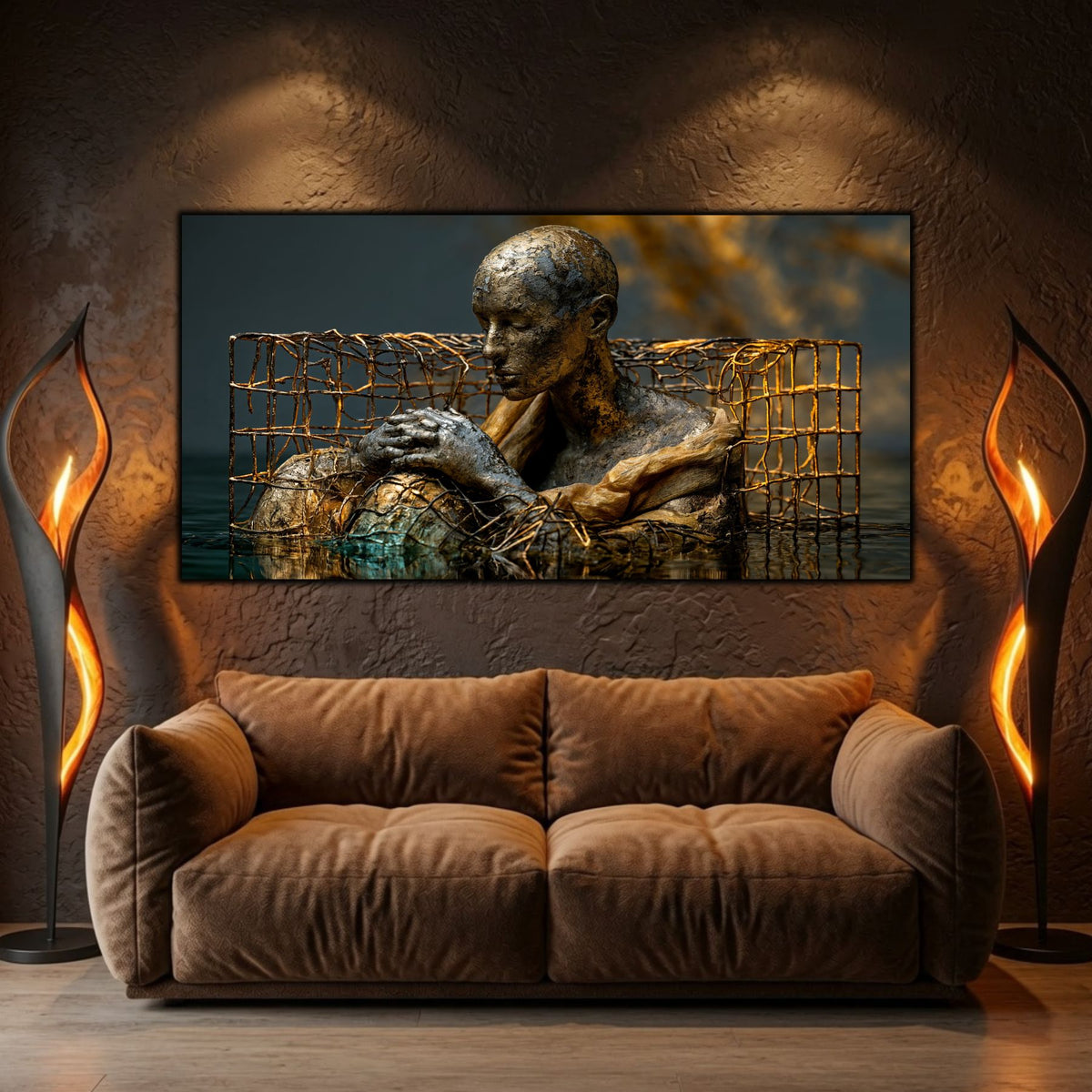 Integrare tablou într-un decor interior modern, estetică zen-luxury cu contrast cromatic cald.
