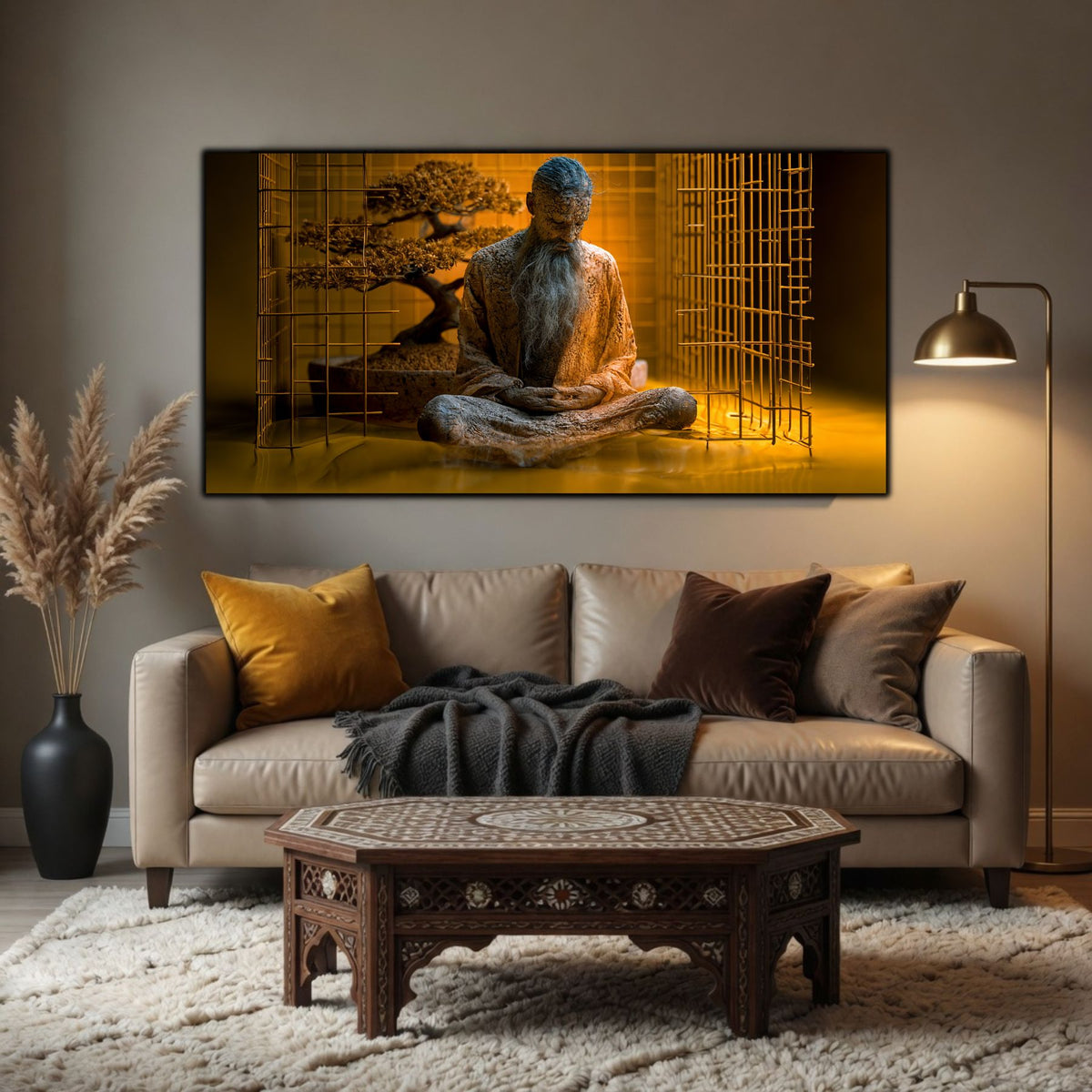 Tablou mare pentru sufragerie, design zen luxury cu iluminare cinematică și contrast profund.