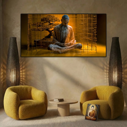 Integrare tablou într-un decor interior modern, estetică zen-luxury cu iluminare ambientală reflexivă.