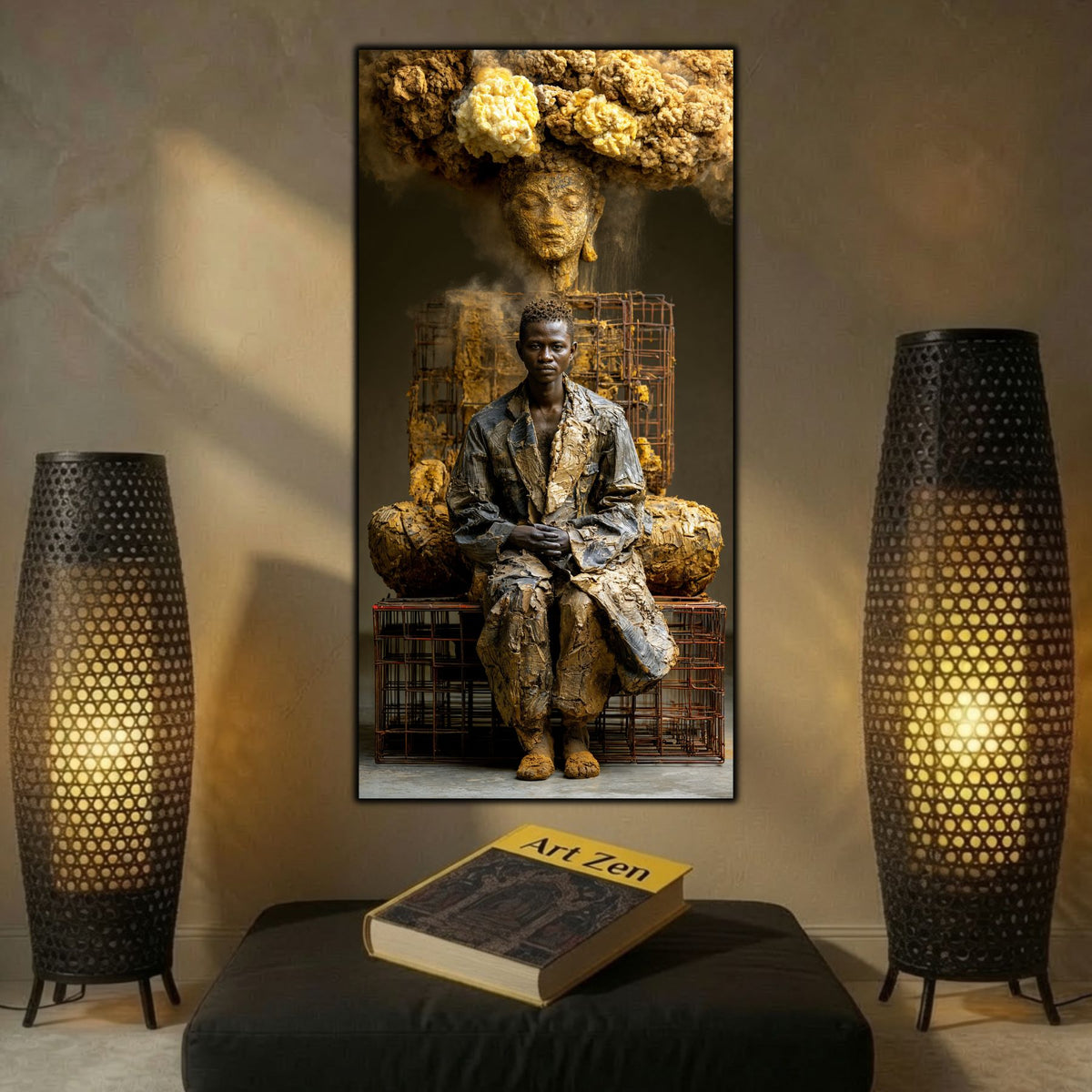 Integrare tablou într-un decor interior modern, estetică zen cu iluminare dramatică și profundă.