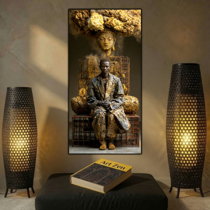 Integrare tablou într-un decor interior modern, estetică zen cu iluminare dramatică și profundă.