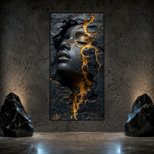 Tablou modern pentru decor living cu un portret cu fata crapata si brazdata de suvoaie de aur si lava aurie.