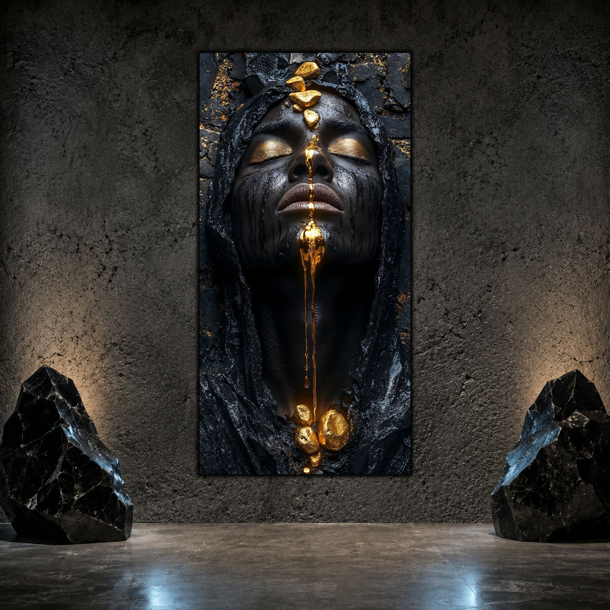 Tablou decorativ living cu portret masculin in nuante negre si aurii, ce pare sculptat in bazalt.