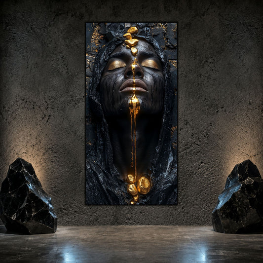 Tablou decorativ living cu portret masculin in nuante negre si aurii, ce pare sculptat in bazalt.