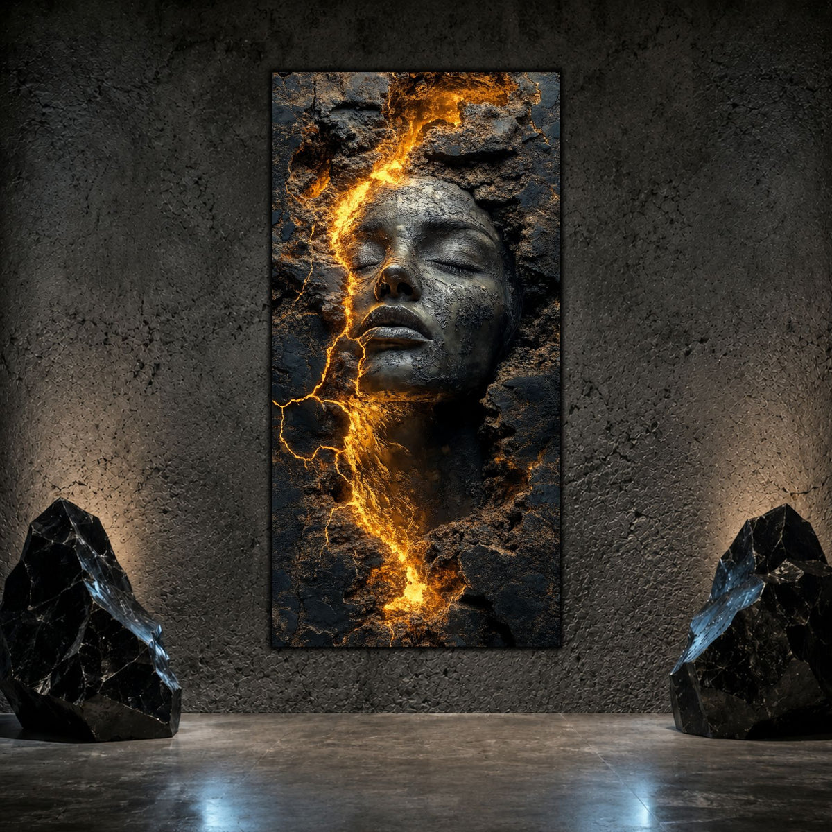 Tablou modern pentru living cu portret sclptural feminin, cu fisuri care seamana cu lumina incandescenta a fulgerului si a magmei aurii.