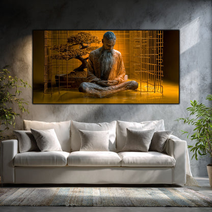 Alege un tablou modern living unicat 1/1 din colecția Art Zen. Print UV panoramic pe sticlă securizată cu înțelept în meditație, bonsai și tablou sufragerie.
