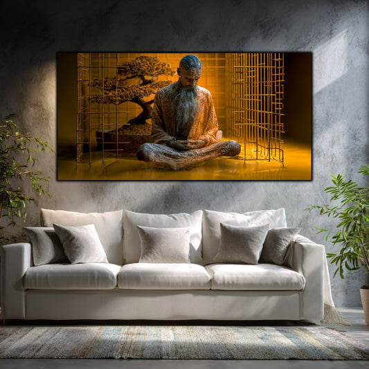 Alege un tablou modern living unicat 1/1 din colecția Art Zen. Print UV panoramic pe sticlă securizată cu înțelept în meditație, bonsai și tablou sufragerie.